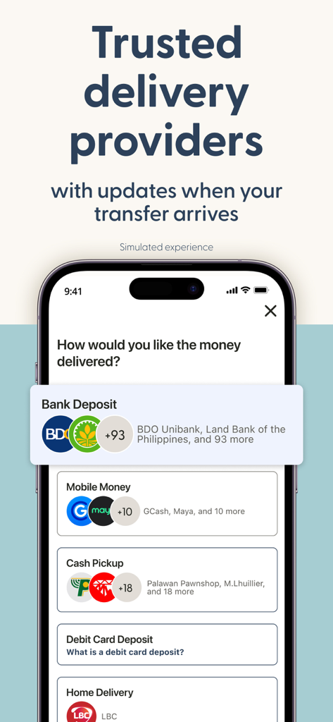 Remitly: Global Money Transfer - Écran de l'application Remitly montrant les options de dépôt bancaire, d'argent mobile et de retrait d'espèces