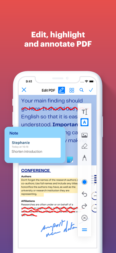 iLovePDF - PDF Editor & Scan - Smartphone screen showing iLovePDF app features for editing and annotating a PDF document