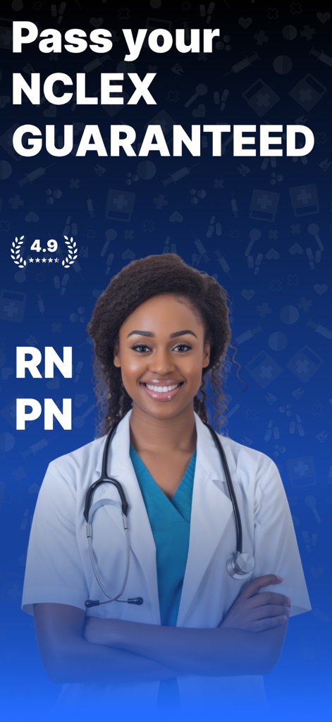 A smiling nurse in a white lab coat with text promising a guaranteed NCLEX pass for RN and PN students.