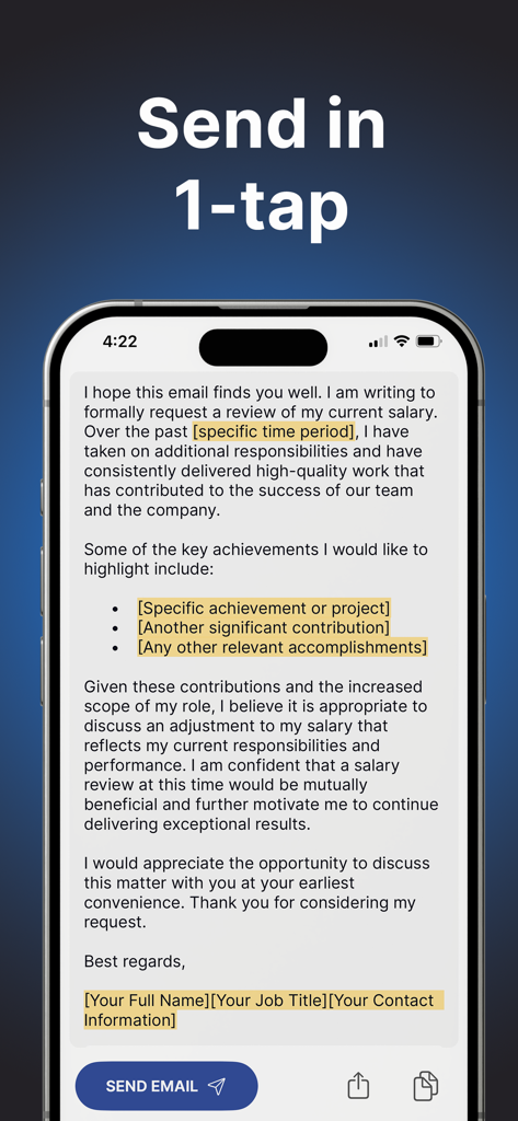 AI Email Writer - Boss - Mobile interface of Boss AI Email Writer showing a professional salary review request draft with a one-tap send feature