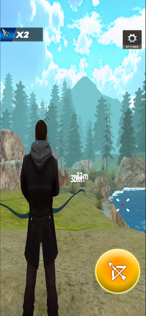 Deer Hunter Archery Master: 3D - Un personaje apunta con un arco a ciervos en un entorno forestal 3D realista
