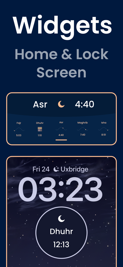 Pillars: Prayer Times & Qibla - A showcase of home and lock screen widgets for the Pillars app displaying Islamic prayer times