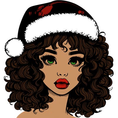 realistic girl with a santa hat curly hair and lips