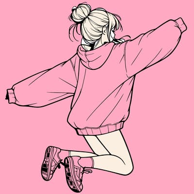 realistic girl jumping with a bun and oversized sweatshirt