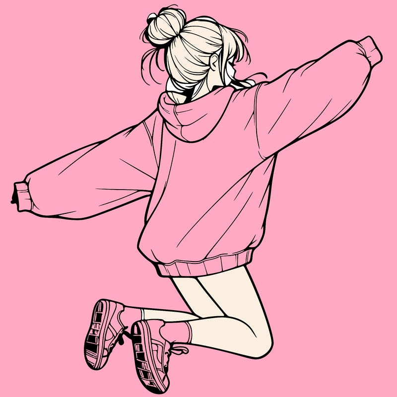 realistic girl jumping with a bun and oversized sweatshirt