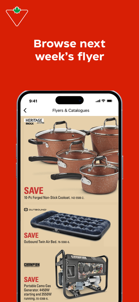 Canadian Tire: Shop Smarter - Écran de l'application Canadian Tire montrant la circulaire de la semaine prochaine avec des offres sur les articles de cuisine et les équipements de plein air