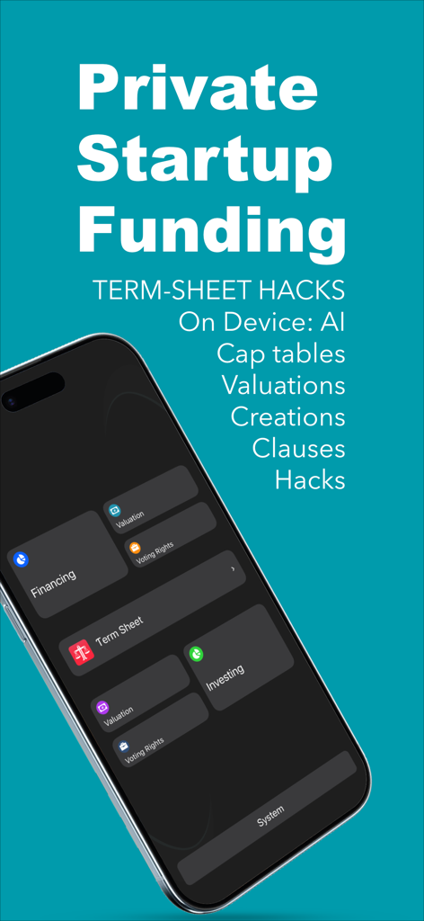 Simulfund 앱 인터페이스를 보여주는 스마트폰 화면으로, 자금 조달, 가치 평가 및 조건표 해킹 모듈이 있습니다.