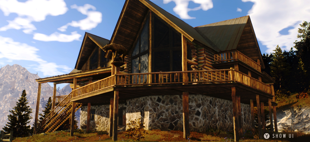 Way of the Hunter Wild America - A large rustic wooden hunting lodge situated in a mountain landscape