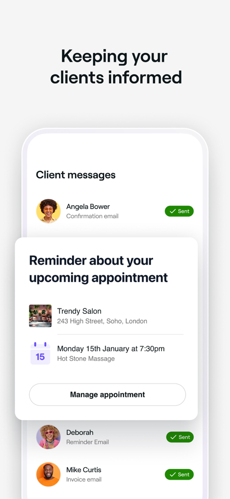 Rappels de rendez-vous clients automatisés et statut des messages dans Fresha pour les entreprises