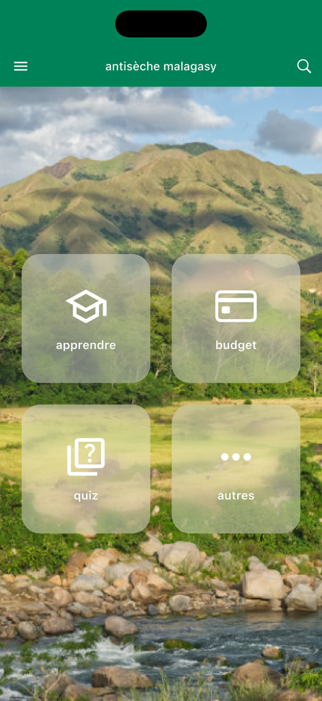 antisèche malagasy - Main menu of the antiseche malagasy app with buttons for learning and budgeting over a Madagascar landscape
