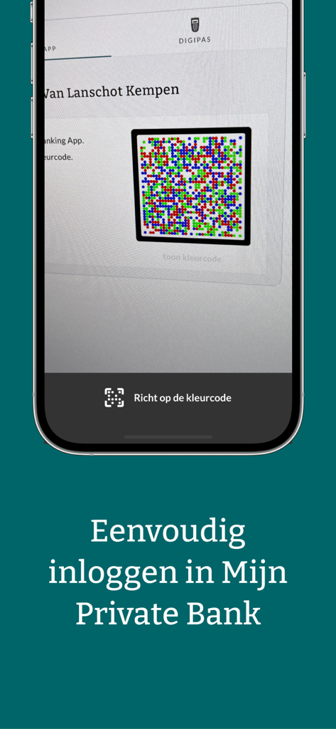 Pantalla del smartphone mostrando la función de inicio de sesión seguro por código de color para la aplicación de Banca Privada de Van Lanschot Kempen.