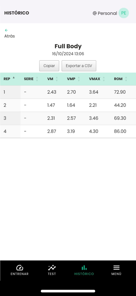ADR System - Training history log in ADR System displaying performance metrics like velocity and range of motion for a full body session.