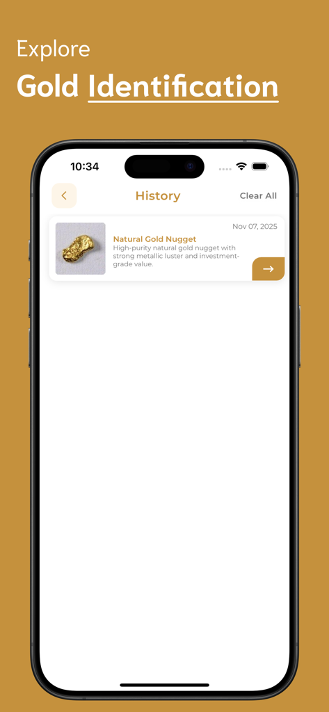 Gold Identifier - Smartphone screen showing the history page of the Gold Identifier app with a record of a scanned natural gold nugget.
