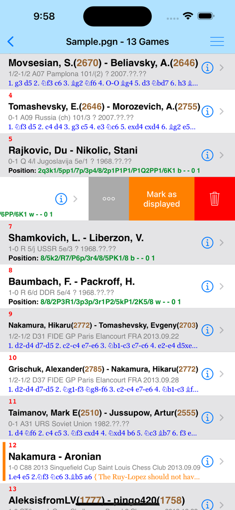 Chess-Studio - Una lista de partidas de ajedrez en formato PGN dentro de la aplicación Chess-Studio mostrando ratings de jugadores y movimientos.