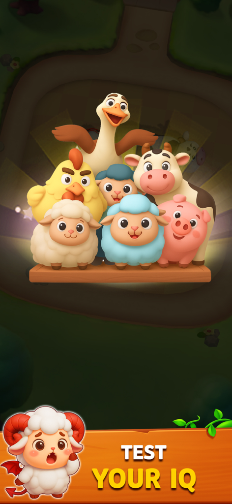 Sheep Out: Farm Escape 3D - A group of cute 3D farm animals including sheep, cows, and pigs with a banner that says Test Your IQ