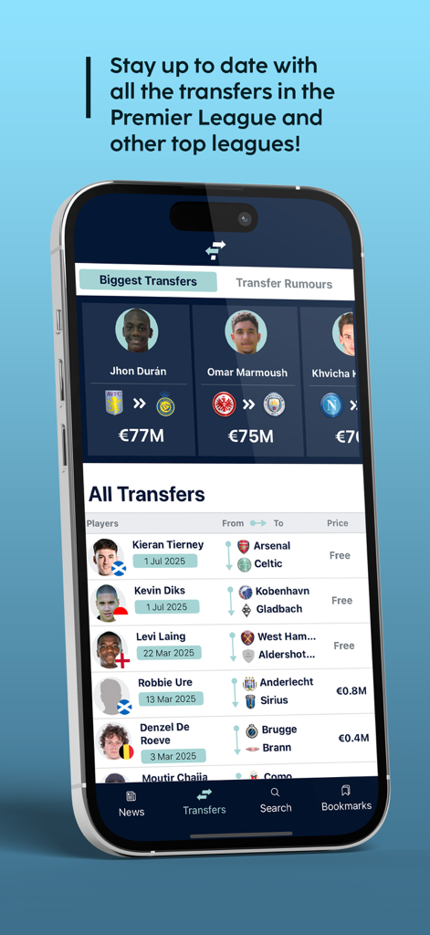 FootballTransfers - FootballTransfers app interface showing recent soccer player transfers and market values