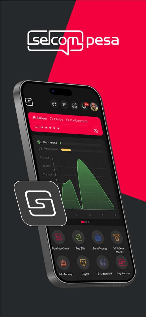 Selcom Pesa - Selcom Pesa app interface showing financial dashboard with spending charts and payment icons