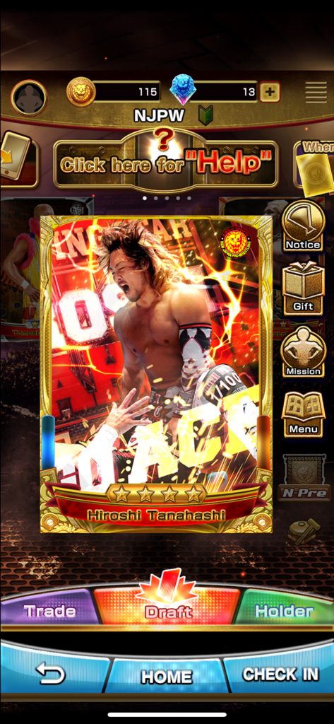 NJPW Collection - NJPW Collection app home screen showing a Hiroshi Tanahashi digital trading card with a gold border.