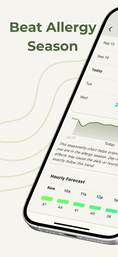 Pollen Wise mobile app displaying hourly pollen forecast and seasonality charts