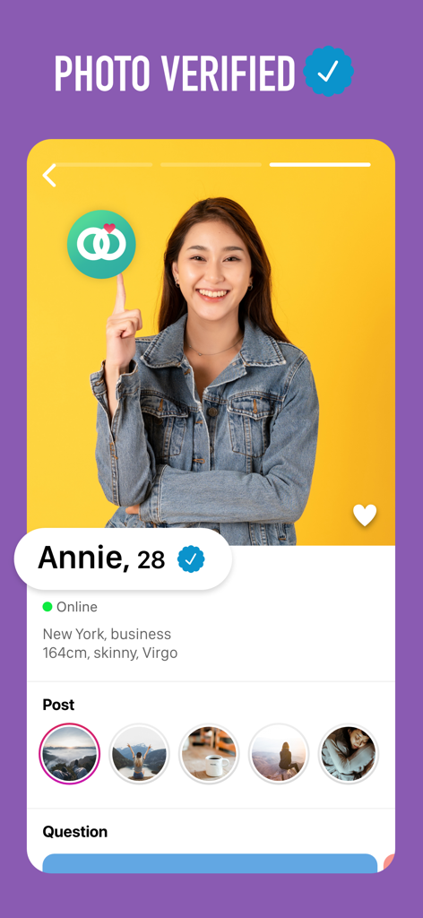 SweetRing Dating App - SweetRing dating app user profile interface showing a photo verified badge and personal information for a user named Annie