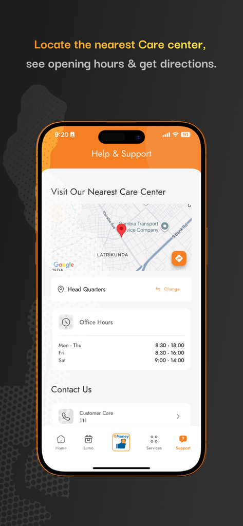 QCELL - QCell app help and support screen showing care center location and office hours