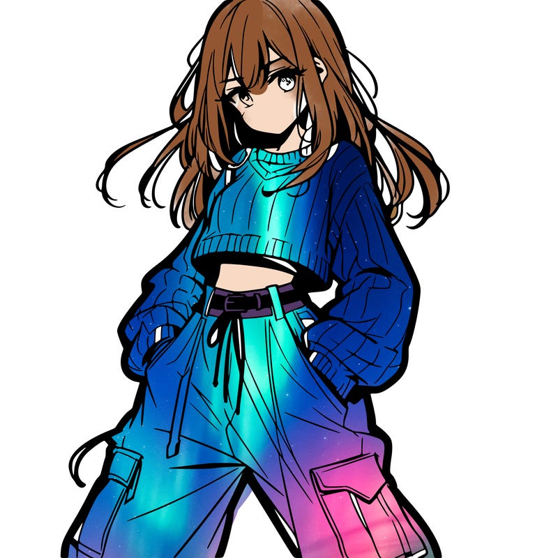 anime teen girl with baggy pants and crop top with sweater