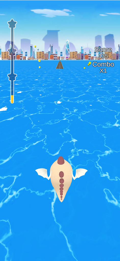 Beat Rush - A flying dinosaur character in Beat Rush rhythm game flying over blue water toward a city skyline