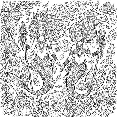 Dive into a magical autumn world beneath the waves with our captivating Mermaid Shamans coloring page. Explore a vibrant underwater kingdom where mystical mermaids protect their realm amidst a beautiful harvest-themed landscape, ready for your creative touch.