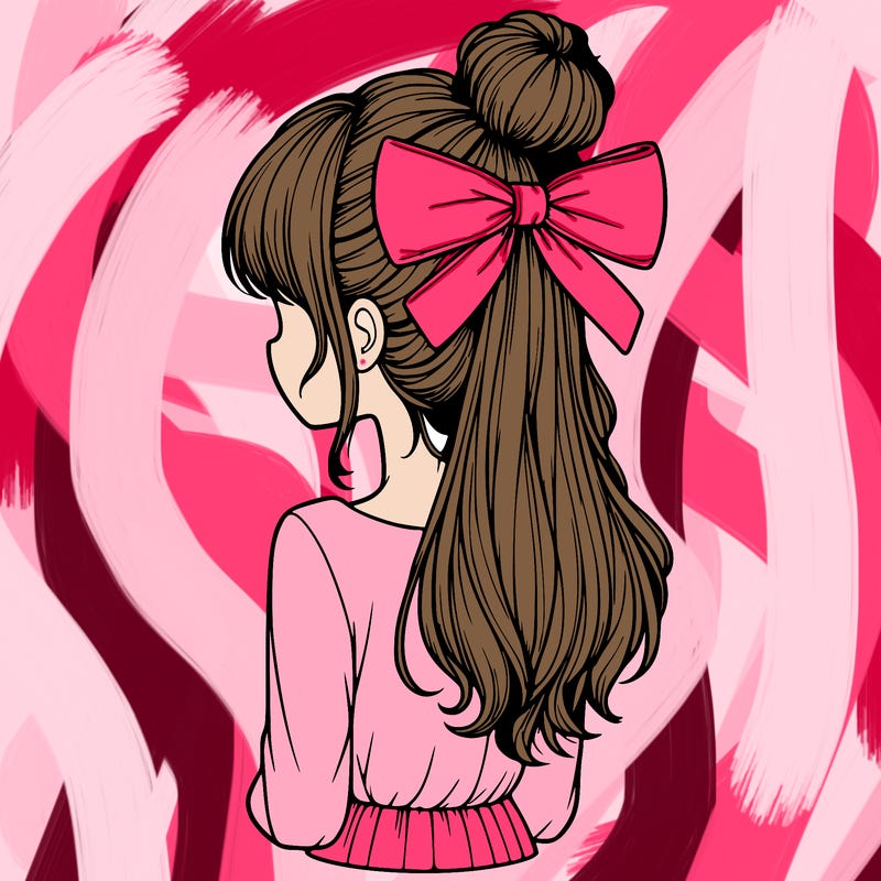 realistic girl  with hip length hair a bun and a big bow on the back of head