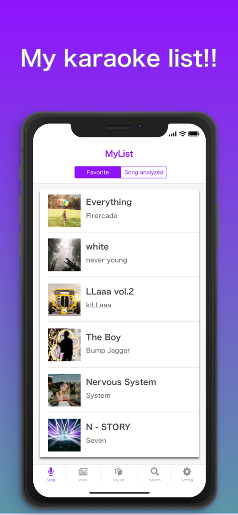 Karaoke Range & Voice Training - A smartphone screen displaying a personal list of favorite songs within the Karaoke Range and Voice Training app.