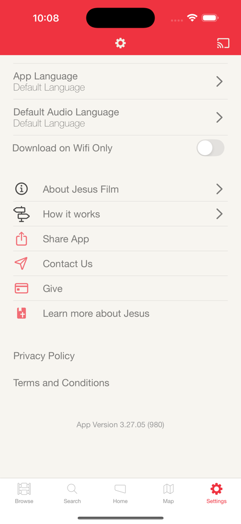 Jesus Film Project - Settings menu of the Jesus Film Project app showing language and download options