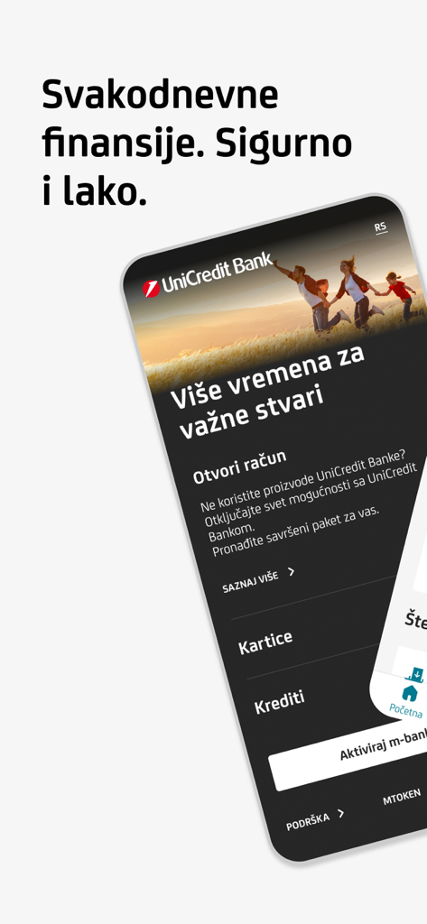 mBanking - UniCredit Bank Serbia mBanking app welcome screen with options to open an account, manage cards, and loans.
