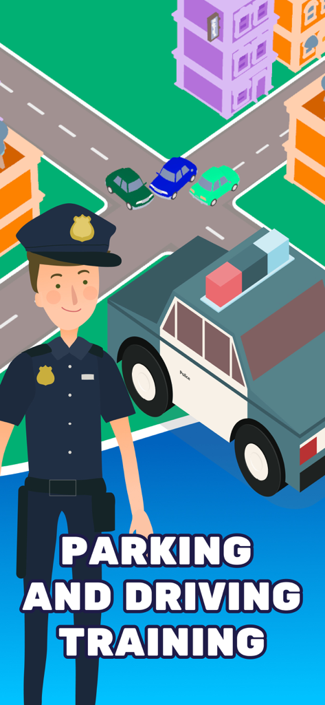 Car Driving-School Simulator - Cartoon-Illustration eines Polizisten und eines Streifenwagens in einer Kreuzung des Fahrschulsimulators