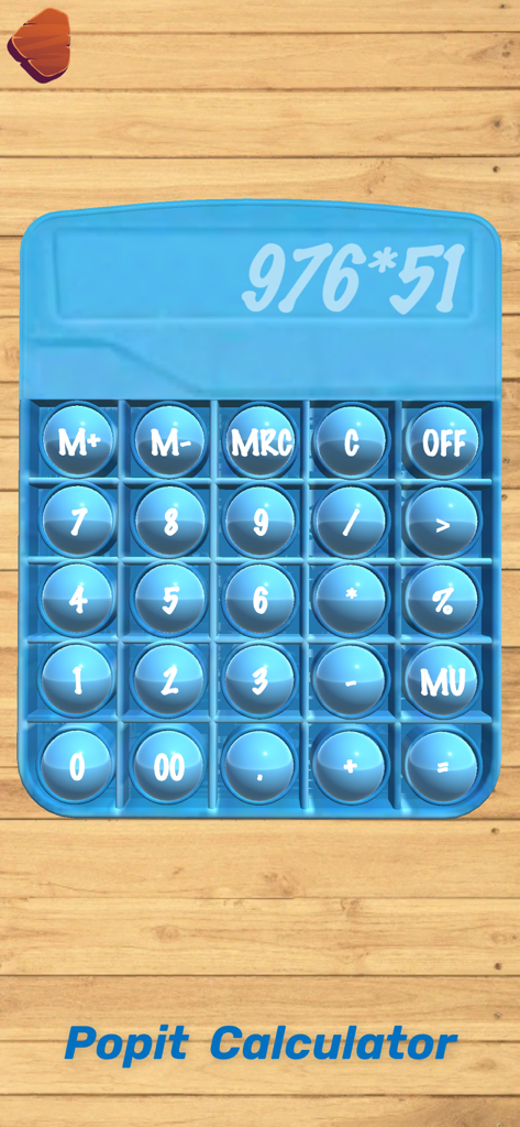 Antistress Relaxing Games,Toys - A blue fidget pop-it toy designed as a functional calculator on a wooden surface