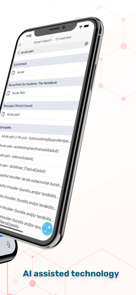 Smartphone screen displaying the Skyscape Medical Library Smart Search results for acute pain highlighting AI assisted technology