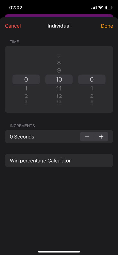 Chess.clock - Tela de configurações de cronômetro de xadrez individual em modo escuro mostrando seletor de tempo e opções de incremento