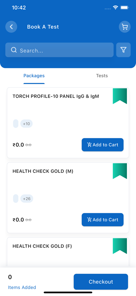 Afriglobal Medicare - Schermata dell'app mobile Afriglobal Medicare che mostra pacchetti di controlli sanitari da prenotare