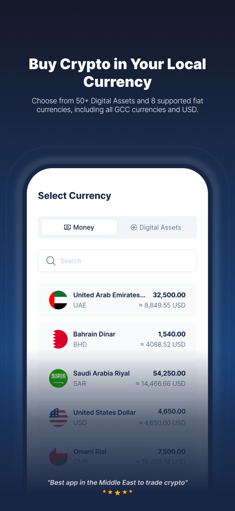 CoinMENA app screen showing options to buy crypto using local fiat currencies including USD and GCC currencies.