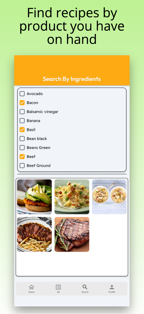 Interfaz de la aplicación Recipe mkr mostrando una lista de verificación para buscar recetas basadas en ingredientes como tocino, albahaca y ternera