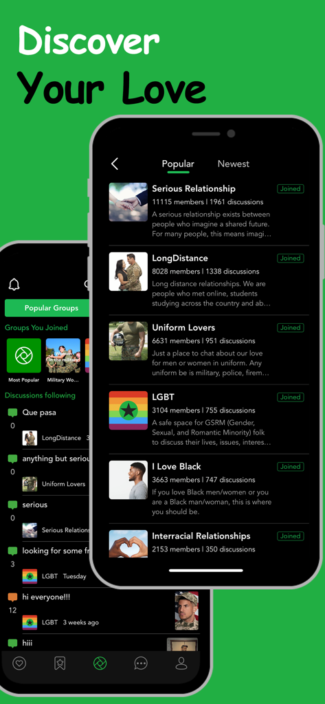 Military Dating App - MD Date - Interfaz de la aplicación MD Date que muestra grupos comunitarios para relaciones serias, citas a larga distancia y solteros militares.