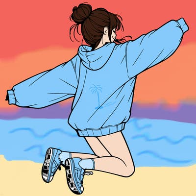 realistic girl jumping with a bun and oversized sweatshirt