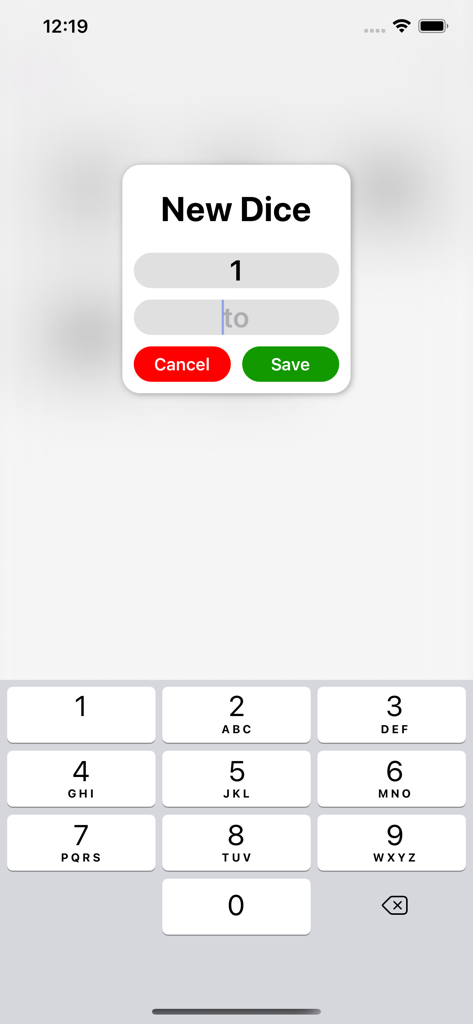 Games Block - Interface de l'application Block de Jeux montrant une fenêtre contextuelle pour configurer une plage de dés personnalisée avec un clavier numérique.