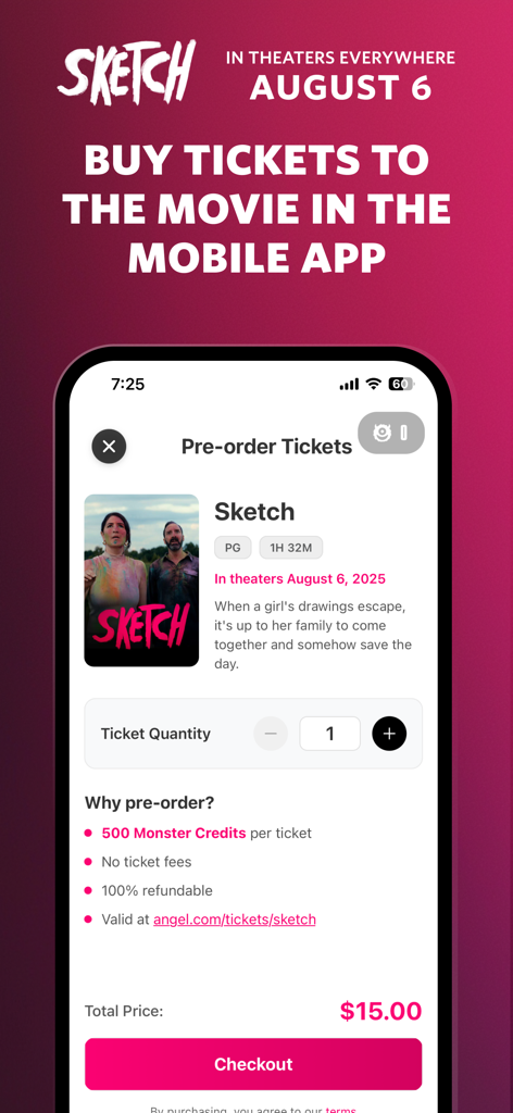 A mobile app screen for pre-ordering Sketch movie tickets including a checkout button and pre-order benefits
