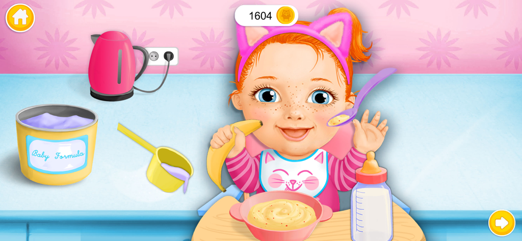 A red haired baby wearing a cat headband being fed baby formula and fruit puree
