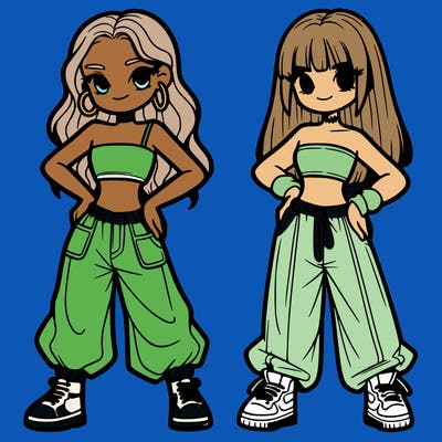 two girl in crop top and baggy pants