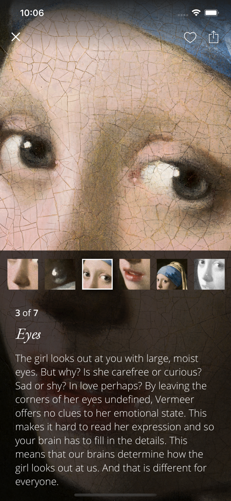 Close-up of the eyes in Vermeer's Girl with a Pearl Earring featuring expert artistic commentary in the Second Canvas Mauritshuis app.