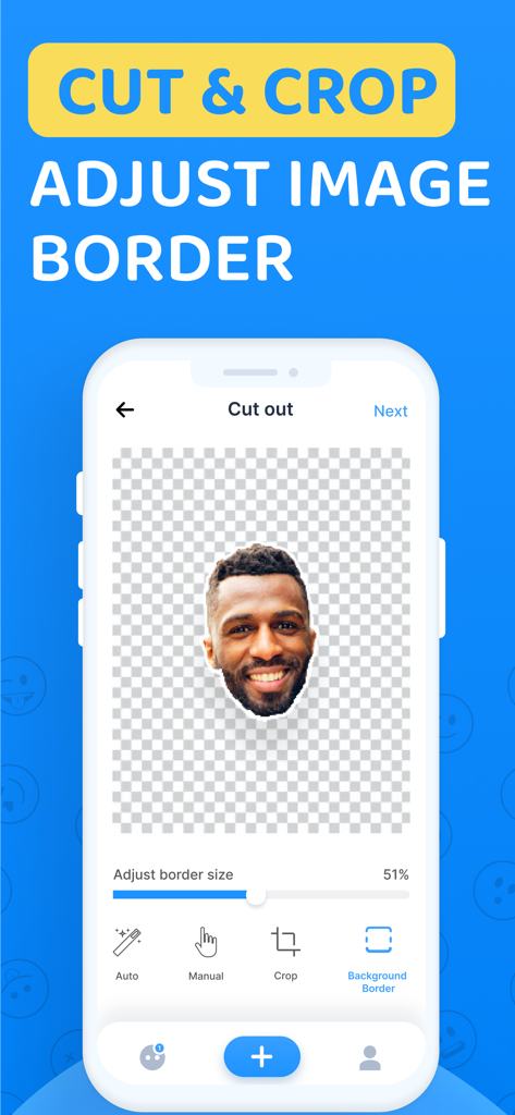 Sticky - Make Custom Stickers - Interface of the Sticky app showing the AI cutout and image border adjustment feature for making custom stickers.