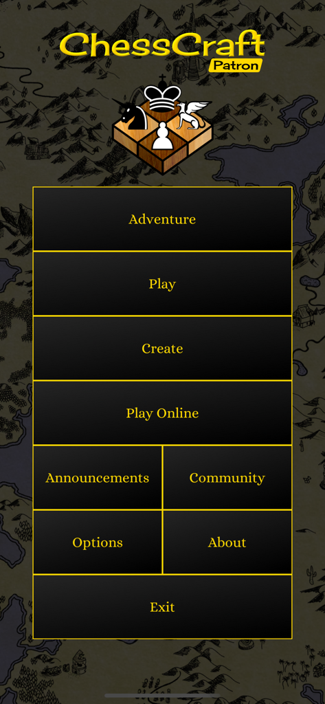 ChessCraft - The main menu of the ChessCraft app displaying options for Adventure Play and Create over a hand-drawn map background.