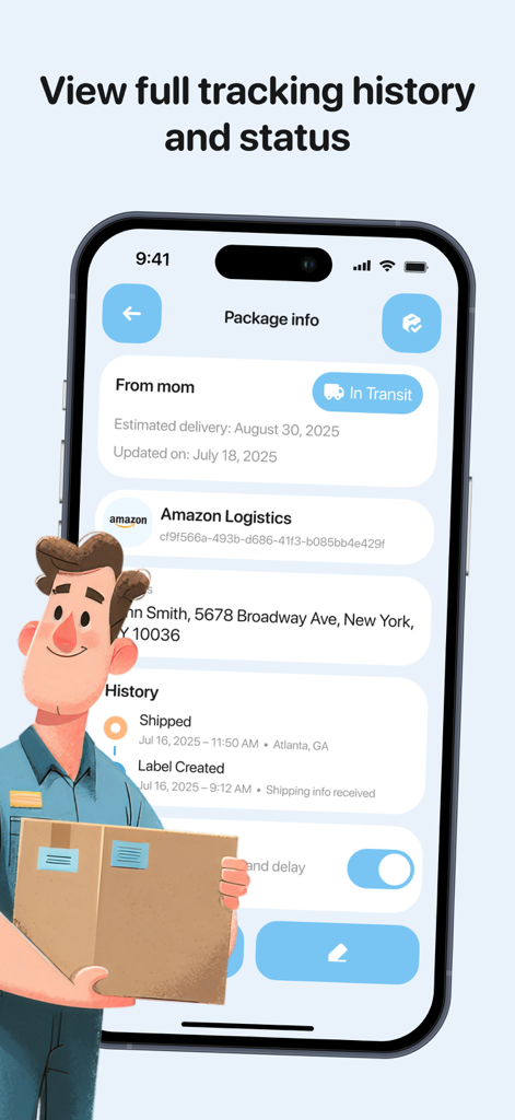 Mobile app interface of Universal Package Tracker showing package status in transit with detailed tracking history and carrier information.