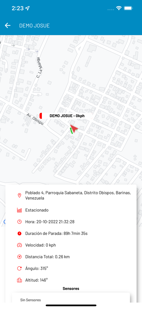 PERUGLOBAL GPS - PERUGLOBAL GPS app screen showing real-time vehicle location on a map with detailed status information including speed and duration